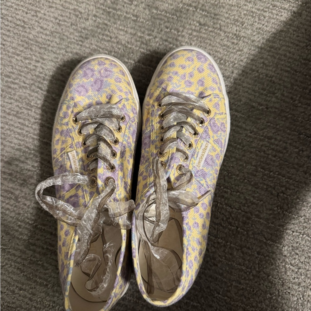 Superga X LoveShackFancy Purple and Yellow Sneakers with Clear Laces